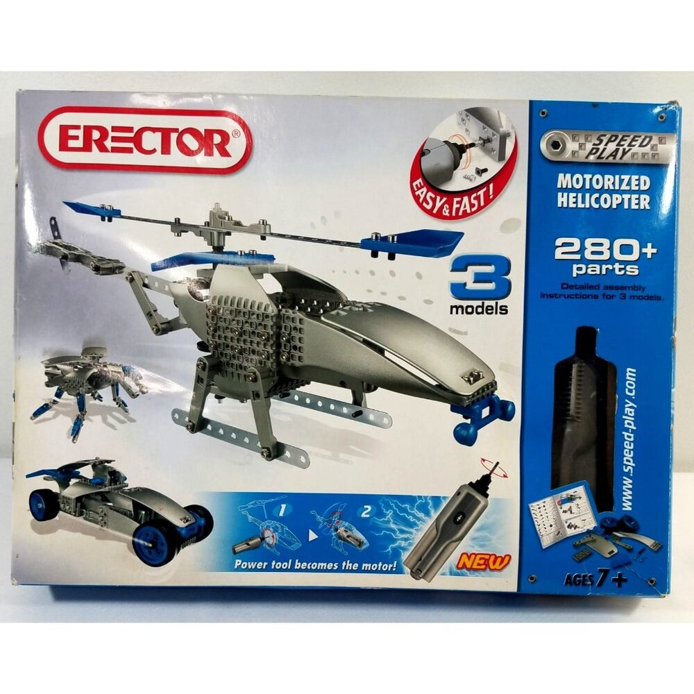Erector Speed Play Motorized Helicopter 280 Pieces 3 Models Set 7901 OPEN BOX